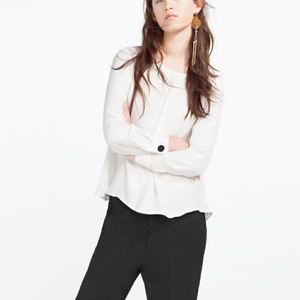 Zara White Long-Sleeve Blouse with Black Button Detail